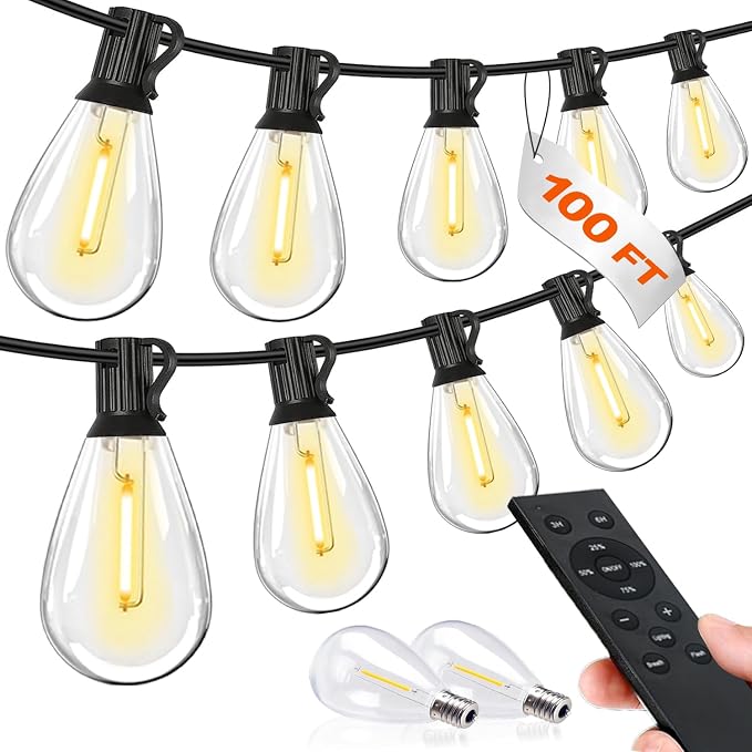 Tenmiro 100FT LED Outdoor String Lights with Remote, 35+ 1 Shatterproof Bulbs Waterproof and Dimmable Patio Lights for Porch, Garden, Backyard, Deck, Balcony, Hanging Lighting Decor