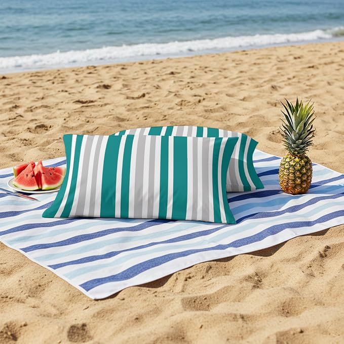 Teal Grey Stripe Outdoor Pillow Covers 20x12 Inch Lumbar Pillow Covers Set of 2 Waterproof Decorative Throw Pillow Cases Farmhouse Minimalist Striped Cushion Covers for Patio Furniture Garden Couch