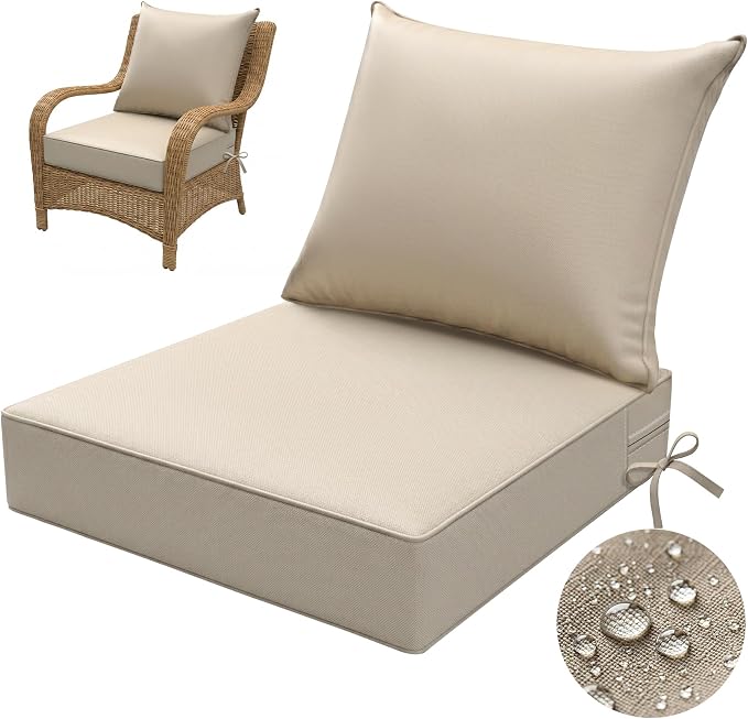 Srora Outdoor Deep Seat Patio Cushions, 5-Inch Thick Outdoor Chair Cushions, Waterproof 300GSM Colorwoven Fabric, 1200H+ Fade Resistant, Hidden Zipper Covers, 2 Ties, for Chair, Loveseat & Sofa