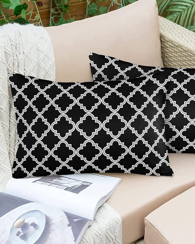 Outdoor Waterproof Pillow Covers for Patio Furniture Moroccan Pattern Decorative Throw Pillow Cover Geometric Trellis Black Pillowcases Set of 2 Cushion Case for Sofa Couch Chair Home Decor 20x12 inch