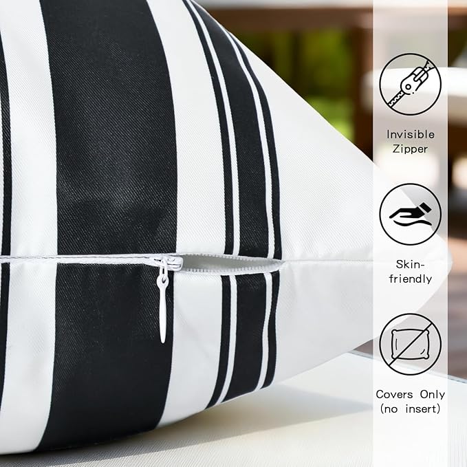 4 Pack Outdoor Waterproof Throw Pillow Covers 16x16 Inch | Black and White Stripe Geometric Decorative Throw Pillow Cover, Modern Outdoor Cushion Cases for Patio Garden Porch Sofa