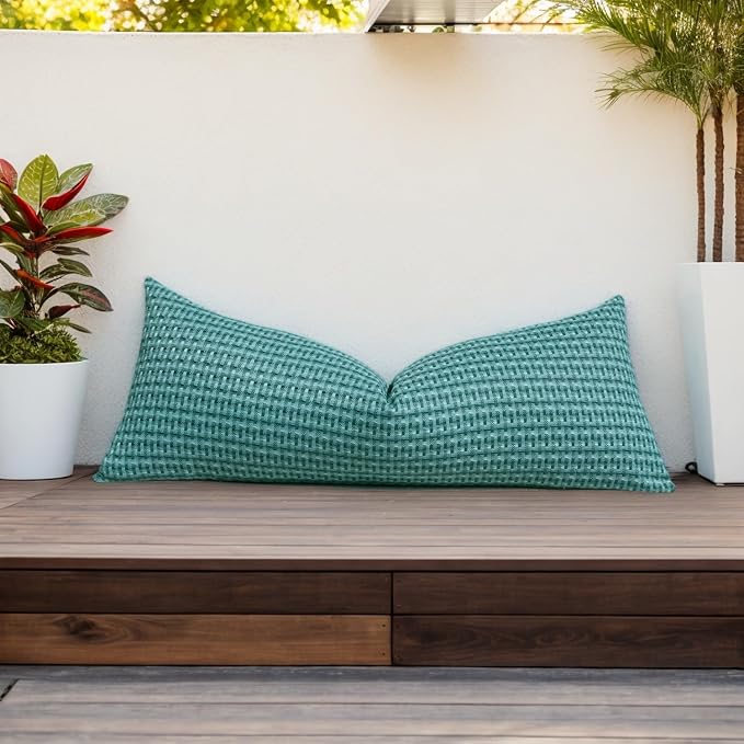 Kevin Textile Outdoor Waterproof 14"x36" Pillow Cover 1 Pack, Teal | Water Resistant Weaving Faux Linen Texture Throw Pillow Covers, Outside Decorative Pillowcases for Garden Patio Balcony Couch