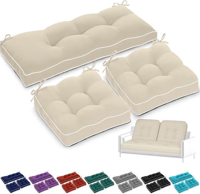 Wenqik 44 x 19 x 4 Inch Outdoor Bench Cushion Set of 3 Waterproof Tufted 1 Patio Loveseat Cushions and 2 Square Chair Seat Pad for Outdoor Furniture Couch Swing Sofa Wicker Settee(Beige)