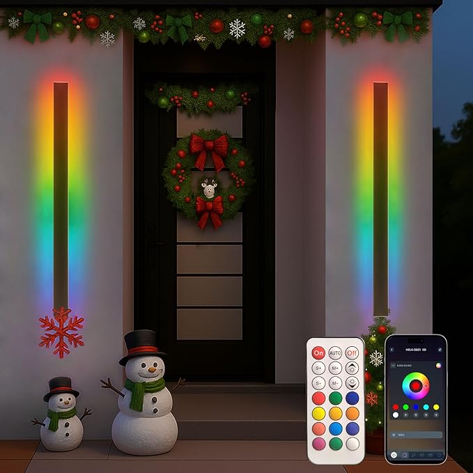 Modern Outdoor RGB Wall Lights, 2 Pack 47 Inch RGB Dimmable Long wall Light, Ip65 Waterproof Black Linear Exterior Wall Sconce with Remote and APP Control for House, Garage, Porch