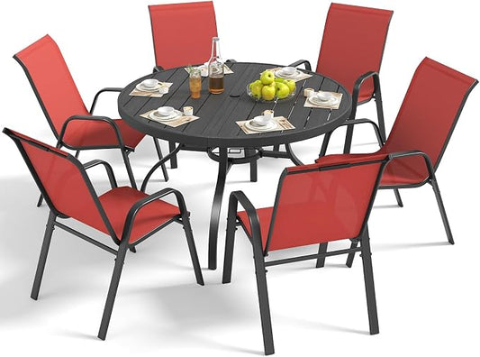 Outdoor Patio Dining Set for 6, 7 Pieces Patio Table and Chairs Set with Umbrella Hole, 47"x 47" Round Metal Wood-Grain Dining Table Set with 6 Stackable Patio Chairs for Deck , Backyard, Porch