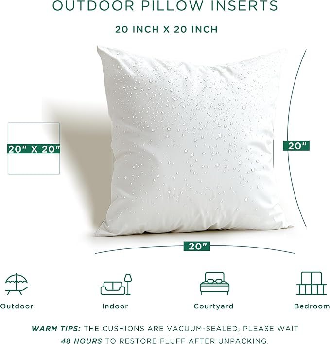 Codi Outdoor Pillow Inserts Waterproof, Square 20 x 20 inches, 2 Pack | Waterproof protective liner, premium fiber fill, patio and backyard comfort, for adults and teens, tumble dry fluffing