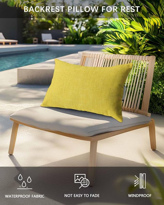 Pack of 2 Outdoor Lumbar Pillow Covers 12x20 Inch, Yellow Burlap Texture Waterproof Throw Pillow Covers Set, Farmhouse Vintage Yellow Indoor&Outdoor Decorative Cushion Cases for Patio Porch Beach