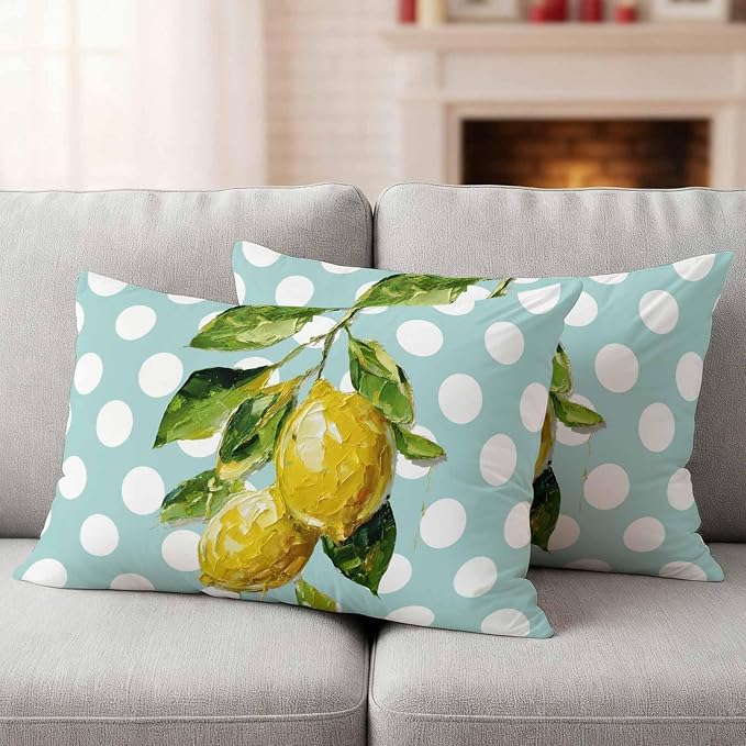 Waterproof Pillow Covers Set of 2,Summer Lemon Leaf Country Fruit Outdoor Pillow Protectors with Zipper Pillowcases for Patio Tent Garden Beach 20x12 Inches Polka Dot Light Blue