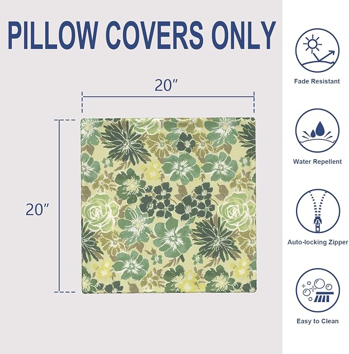 Outdoor 20x20 Inch Pack of 2 Patio Throw Pillow Covers ONLY, Water Repellent Cushion Cases, Square Pillowcases for Outdoor Couch Decoration, Green Rose