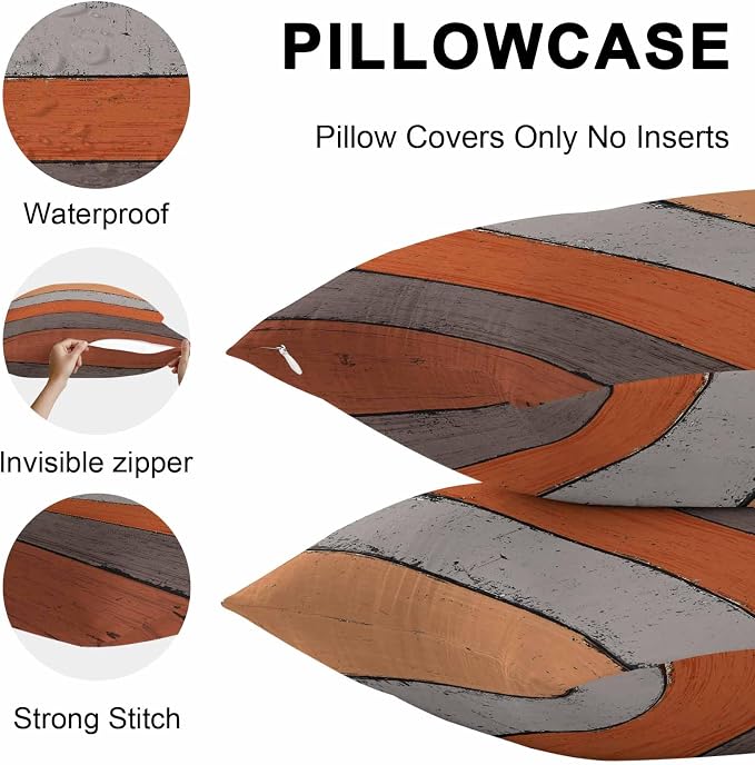 Outdoor Throw Pillow Covers 18X18 Set of 2 Waterproof Ombre Burnt Orange Gray Decorative Zippered Cushion Covers for Patio Furniture, Farmhouse Retro Rustic Barn Wood Texture Lumbar Pillowcases
