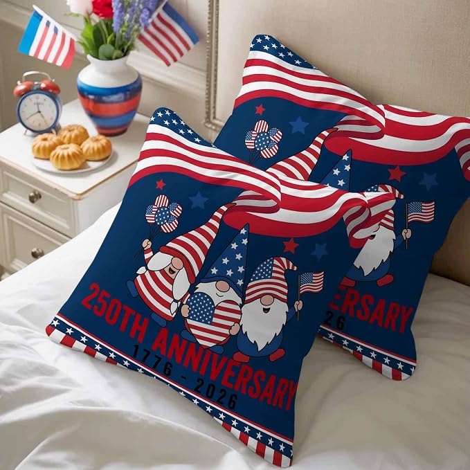 250th Anniversary Outdoor Pillow Covers 16"x16" Set of 2, Patriotic Gnome USA Flag Independence Day Waterproof Throw Pillow Covers for Patio Furniture, Decorative Cushion Covers for Porch
