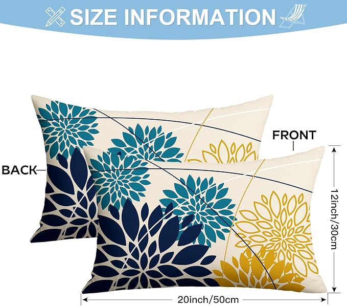 OTOSTAR Outdoor Dark Blue Cyan Yellow Pillow Covers 12x20 Inch Set of 2 Flower Throw Pillows Farmhouse Geometric Dahlia Floral Lumbar Cushion Case Waterproof Decor for Sofa Patio Funiture Garden