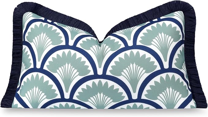 Hofdeco Premium Coastal Grandmillennial Patio Indoor Outdoor Lumbar Pillow Cover Only, 12"x20" Water Repellent for Backyard, Couch, Poolside, Celadon Green Navy Print Tropical Ravenala Palm Tree