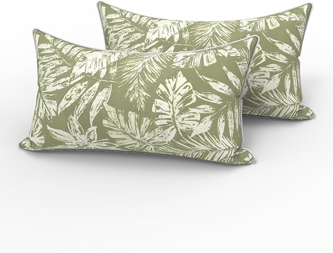 LVTXIII 2 Pack Outdoor Lumbar Pillows 12x20 Inch with White Piping, Fade Resistant Support Throw Pillows with Inserts for Patio Furniture, Sofa, Chair, Tropical Leaf Green