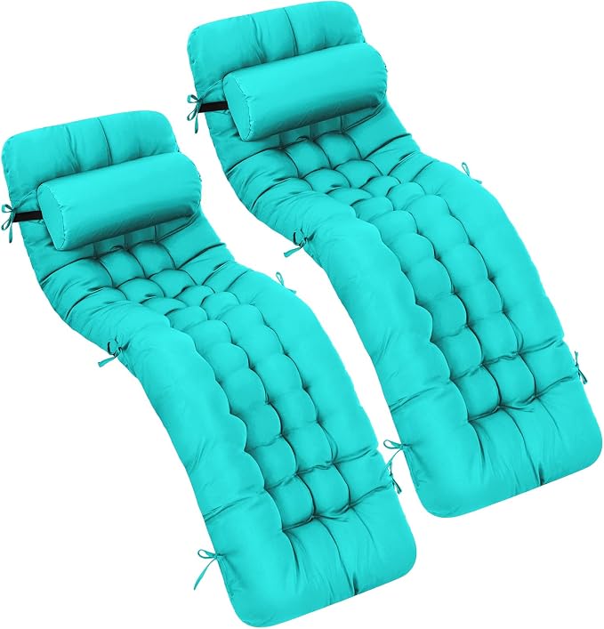 Tudomro Outdoor Chaise Lounge Cushion 66x21x4'' Waterproof & Fade-Resistant Patio Pool Chaise Lounge Cushion Headrest Pillow Tie Replacement Rocking High Back Chair(Turquoise,Set of 2)