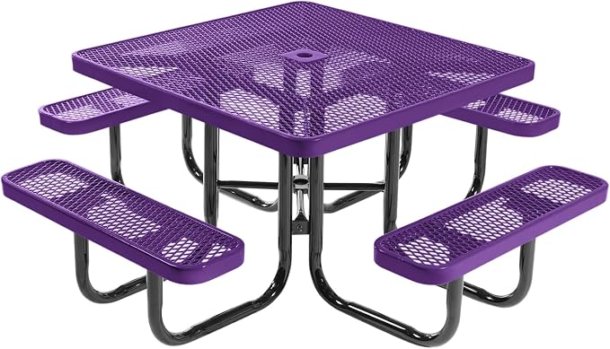 COATEDOUTDOORFURNITURE Heavy-Duty Portable Outdoor Picnic Table with Umbrella Hole, Expanded Metal Commercial-Grade Patio Dining Furniture Made in America (46" Square Top, Purple)