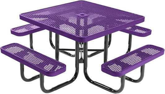 COATEDOUTDOORFURNITURE Heavy-Duty Portable Outdoor Picnic Table with Umbrella Hole, Expanded Metal Commercial-Grade Patio Dining Furniture Made in America (46" Square Top, Purple)