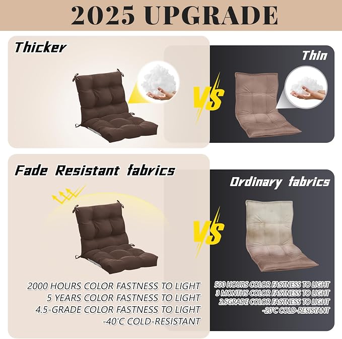 Marsui 4 Pcs Outdoor Indoor High Back Chair Cushions Patio Furniture Tufted Pillow with Ties Water-Resistant Replacement Outdoor Rocking Chair Cushions, 42 x 21 Inches (Brown,Solid Color)