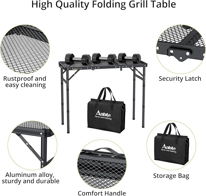 Anbte Folding Grill Table, 3ft Tri-Fold Aluminum Folding Table Adjustable Height Max 27.5" Grill Table with Mesh Desktop, Lightweight, Portable Handle for Outdoor Cooking BBQ Picnic (Black)