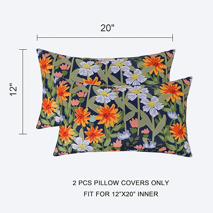 Pyonic Floral Outdoor Lumbar Pillows Covers 12x20 inch Waterproof Spring Summer Decor Outdoor Pillows for Patio Furnture Garden Bench Porch,Navy Blue