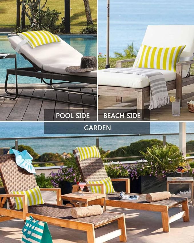 DecorLovee Yellow Striped Outdoor Recliner Pillows for Head, Farmhouse Waterproof Chair Pillow with Elastic Stripe, Yellow White Stripes Chaise Lounge Headrest Pillow for Patio/Pool 1Pack, 11"x16"