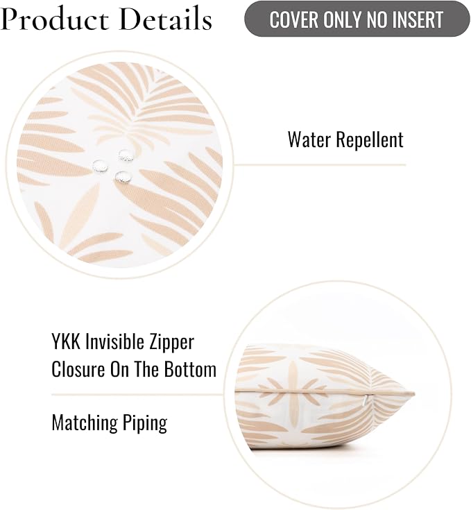 Hofdeco Premium Coastal Hampton Patio Indoor Outdoor Lumbar Pillow Cover Only, 12"x20" Water Repellent for Backyard, Couch, Poolside, Neutral Tan Print Abstract Plam Leaves