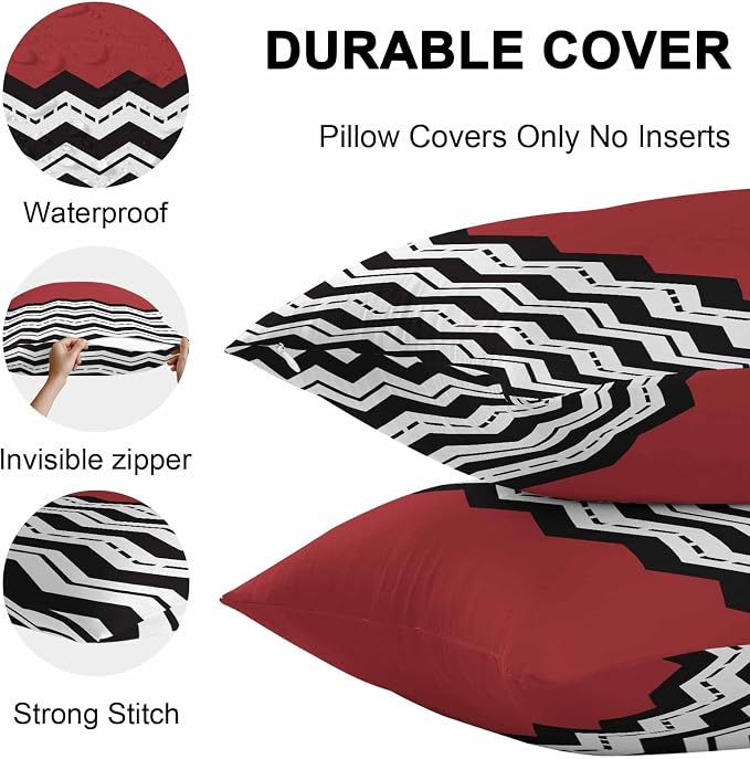 Black Ripple Outdoor Pillow Covers Pack of 2 Black Striped Simple Red Geometric Abstract Waterproof Throw Pillow Covers Decorative Cushion Cases for Patio Garden Tent Balcony Couch 26x26 inch