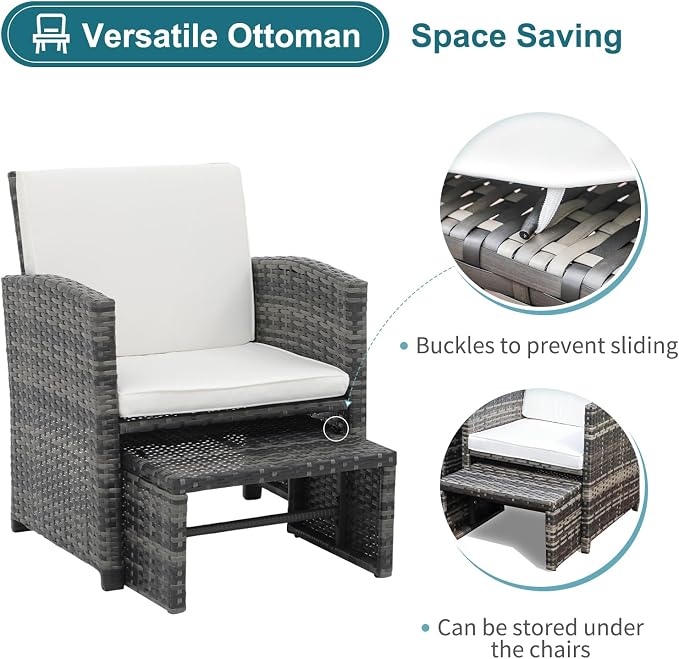 OC Orange-Casual 6 Piece Patio Furniture Conversation Set with Ottoman, Outdoor Grey Wicker Chair and Table Set, Balcony Furniture for Apartments, White