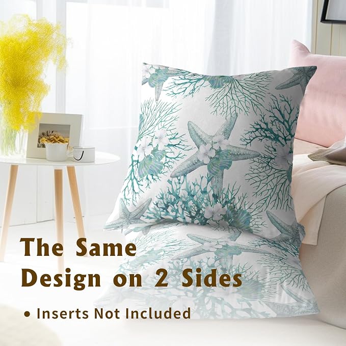 Nautical Coastal Throw Pillow Covers 16x16 Set of 2, Summer Ocean Beach Coral Floral Decorative Pillow Cases Cotton Cushion Cover for Home Sofa Couch Wedding Anniversary Decor