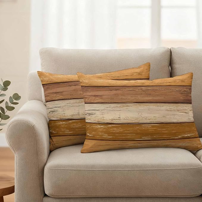 Farmhouse Yellow Brown Outdoor Waterproof Pillow Covers, Vintage Wooden Striped Decorative Rectangle Throw Pillowcase Sofa Cushion Sham for Patio/Couch/Chair, 20"x12" 2 Pack