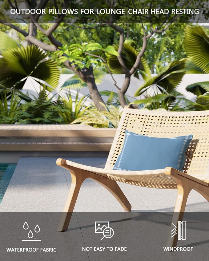 T&H XHome Outdoor Pillow for Chaise Lounge Chair, Solid Color Dusty Blue Waterproof Headrest Pillow Lumbar Pillows with Insert & Adjustable Elastic Strap for Beach, Poolside, Patio, Office (1 Pack)