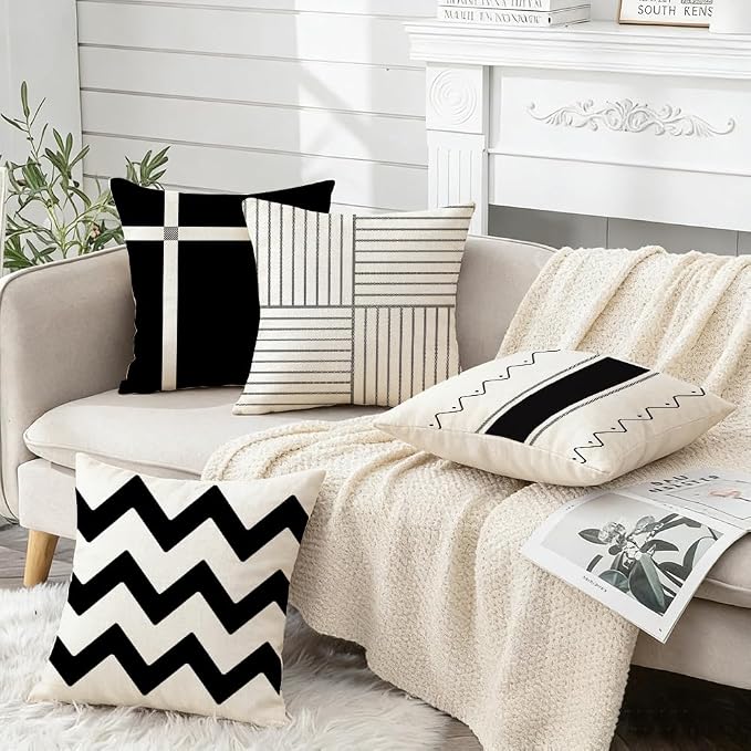RABUSOFA Outdoor Pillow Covers 20x20 Black Modern Geometry Decor Set of 4 | Chevron Zigzag,Not Insert,Waterproof Fabric,Machine Washable,Invisible Zipper,Decoration for Patio Furniture Sunbrella Couch