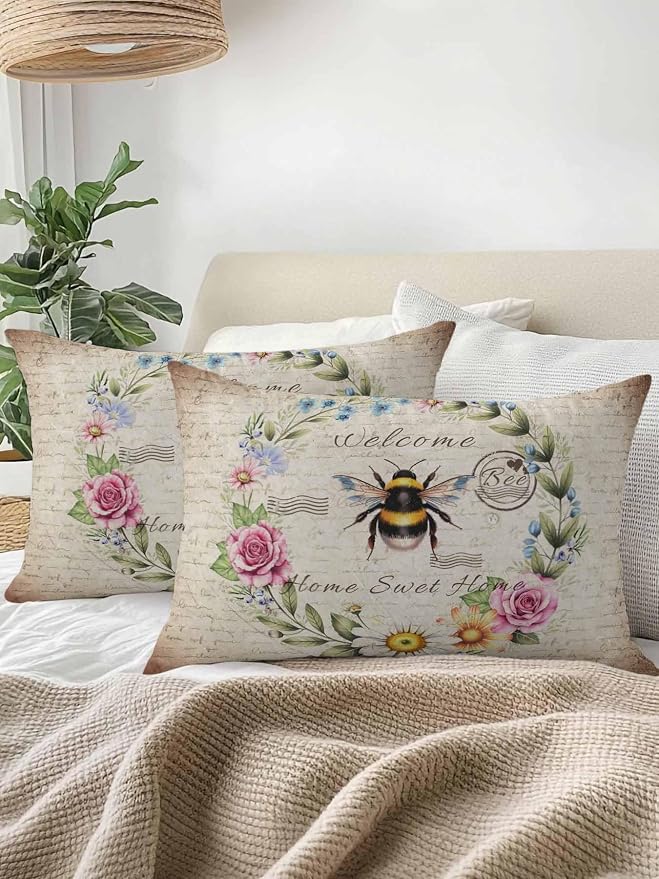 Outdoor Waterproof Throw Pillows Farmhouse Flower Leaf Wreath Patio Pillows,Decorative Pillow Covers with Insert,Pillow Cushion Case for Garden Couch Sofa Rustic Bee Retro Letter