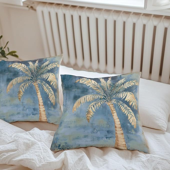 Coastal Beach Tree Blue Brown Outdoor Waterproof Pillow Covers, Vintage Summer Palm Tree Decorative Square Throw Pillowcase, Tropical Botanical Sofa Cushion Sham for Patio/Couch/Chair, 18"x18" 2 Pack