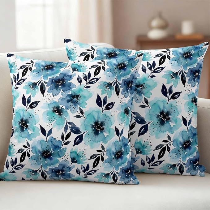 Botanical Floral Leaves Outdoor Pillow Covers 16"x16" Set of 2, Watercolor Painting Blue Gradient Blooms Waterproof Throw Pillow Covers for Patio Furniture, Decorative Cushion Covers for Porch