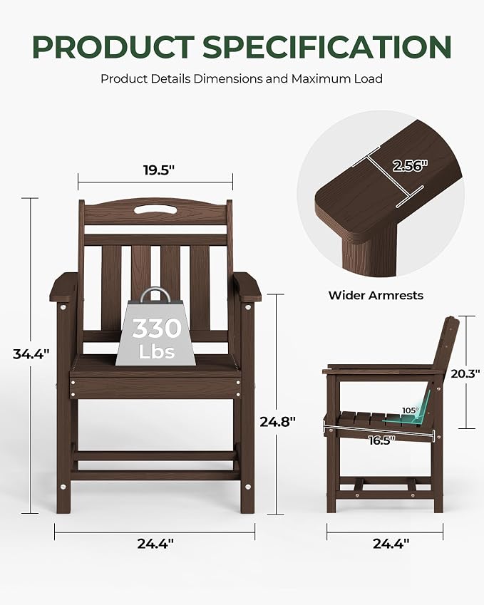 Set of 2 Weatherproof Patio Chairs - HDPE Outdoor Dining Chairs with Wide Seat, Ergonomic Design - for Garden, Backyard, Deck - Brown