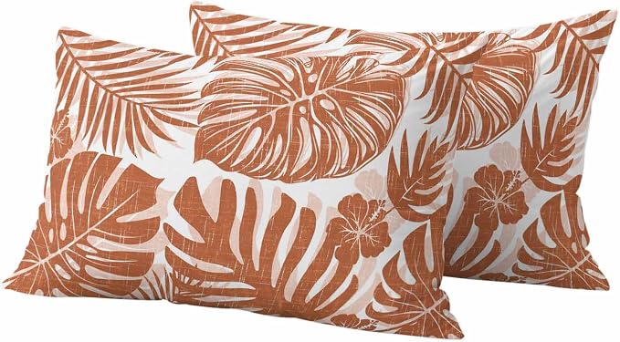 Burnt Orange Palm Leaves Outdoor Pillow Covers 20"x12" Set of 2, Tropical Botanical Minimalist Modern Waterproof Throw Pillow Covers for Patio Furniture, Decorative Cushion Covers for Porch