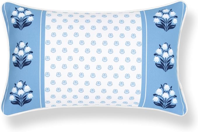 Hofdeco Premium Coastal Hampton Patio Indoor Outdoor Lumbar Pillow Cover Only, 12"x20" Water Repellent for Backyard, Couch, Poolside, Azure Blue Print Block Print Striped Lily of the Valley