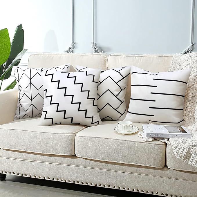 Adabana Set of 4 Outdoor Waterproof Pillow Covers 18x18 White | Modern Geometric Throw Pillows Cover Decorative Boho Pillow Covers for Patio, Garden, Porch