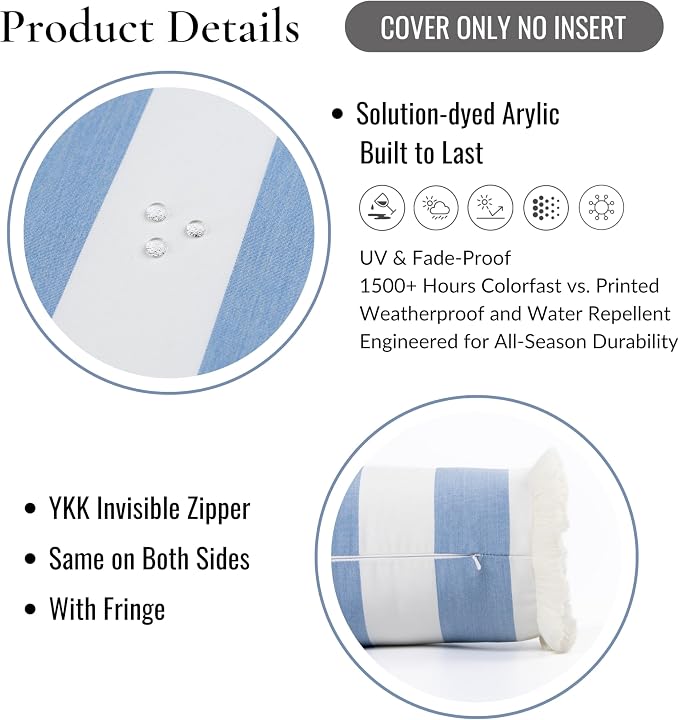 Hofdeco Premium Coastal Hampton Outdoor Performance Bolster Pillow Cover Only, 6"x20" Water Repellent, UV and Fade Resistant for Backyard, Couch, Poolside, Azure Blue Woven Beach Stripes