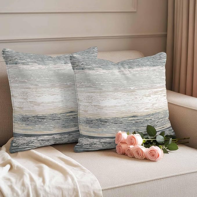 Outdoor Waterproof Throw Pillow Covers, Vintage Black Grey Decorative Pillow Cases, Farmhouse Barn Wooden Striped Couch Pillow Protector Patio Sofa Cushion Covers Replacement 26"x26" 2 Pack