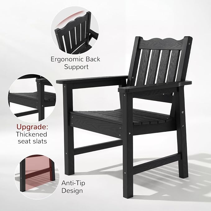 Stoog All-Weather Patio Chairs Set of 2, Outdoor Dining Chairs with Curved Backrest, 400 lbs Support Garden Chair, Black
