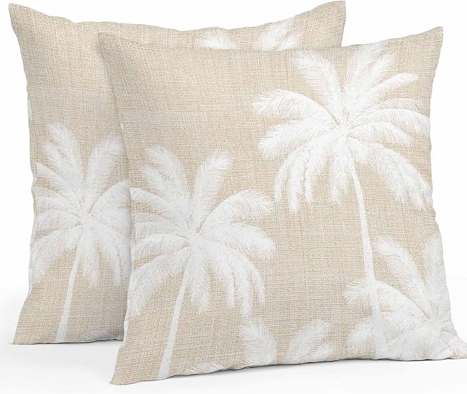 Outdoor Pillow Covers 16x16 Inch Set of 2, Beige Palm Trees Waterproof Throw Pillow Covers, Farmhouse Tropical Summer Beach Decorative Cushion Pillowcases for Couch, Sofa, Bed, Garden, Patio