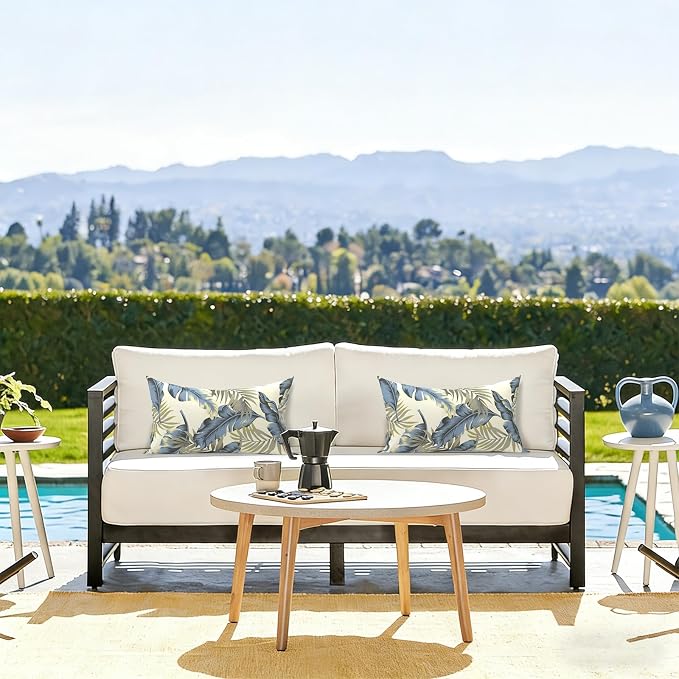 LVTXIII Set of 2 Patio Lumbar Pillows, 12" x 20" Fade Resistant Outdoor Lumbar Pillow with Inners, Fluffy Decorative Garden Lumbar Cushions for Home Patio Coach Sofa Use, ‌Lush Palm Blue