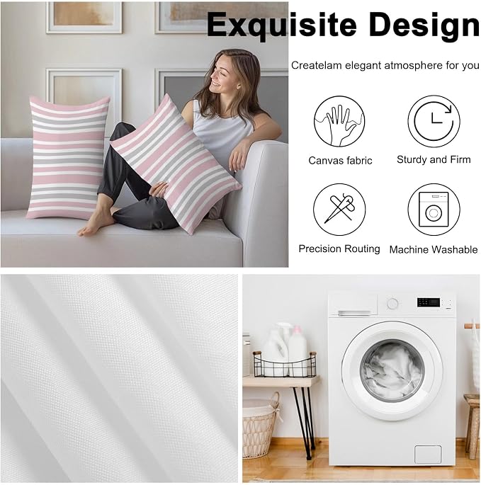Pink Grey Stripe Outdoor Pillow Covers 20x12 Inch Lumbar Pillow Covers Set of 2 Waterproof Decorative Throw Pillow Cases Farmhouse Minimalist Striped Cushion Covers for Patio Furniture Garden Couch