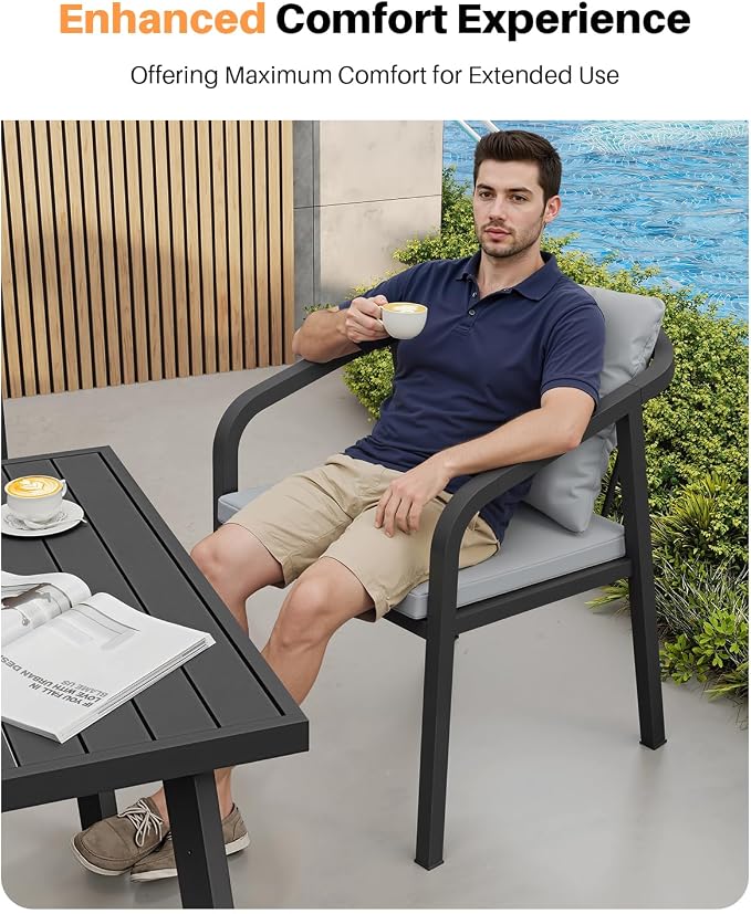 Never-Rust Aluminum Outdoor Dining Chairs Set Of 2, Patio Dining Chairs with Thick Cushion, Outdoor Patio Chairs with Wraparound Backrest and Curved Armrest for Balcony, Lawn, Courtyard, Black