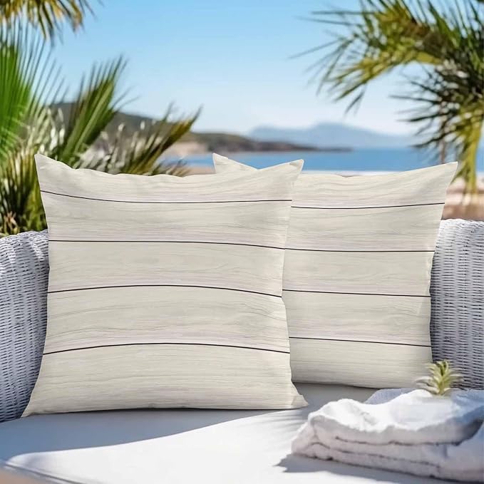 Vandarllin Outdoor Throw Pillow Covers 16X16 Set of 2 Waterproof Ivory White Decorative Zippered Cushion Covers for Patio Furniture, Farmhouse Retro Rustic Barn Wood Texture Lumbar Pillowcases