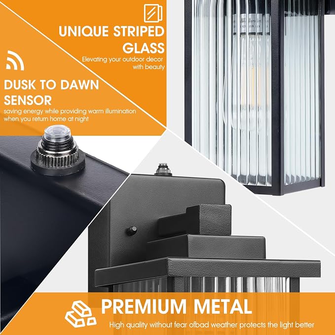 2-Pack 13" Black Dusk to Dawn Wall-Mounted Exterior Light Fixtures | Auto On and Off, Anti-Rust Metal Frame, Tempered Glass, E26 Socket, Easy DIY Install on Porch, Garage