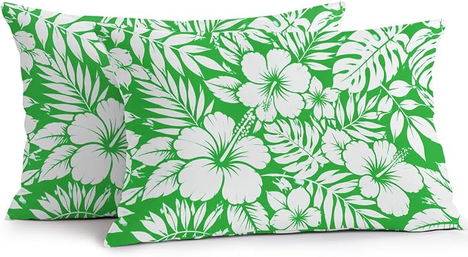 Green Hibiscus Flowers Waterproof Outdoor Pillow Covers Set of 2 Home Decor, Tropical Monstera Leaves Lumbar Pillowcase Patio Pillow Covers for Couch Bench Patio Furniture Garden 20x12in