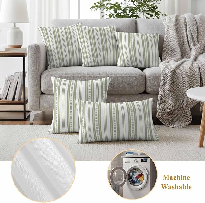 Sage Green Striped Outdoor Waterproof Pillow Covers, Farmhouse Stripes Modern Geometric Decorative Square Throw Pillowcase Sofa Cushion Sham for Patio/Couch/Chair, 20"x20" 2 Pack